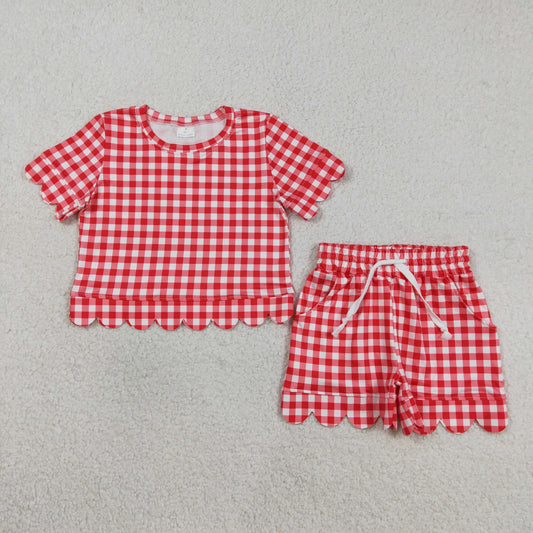 Sibling Baby Girls Kids Short Sleeves Plaid Shirts Scallop Shorts Sets Summer Clothes RTS
