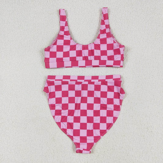 S0555 Adult Women Hot Pink Plaid Vest Top Bottom Swimsuits Set 6.13