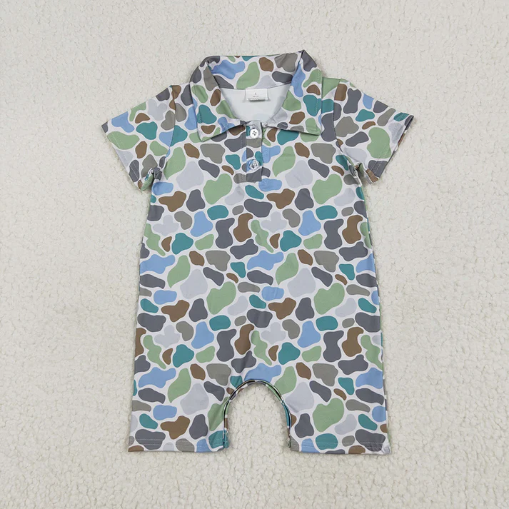 5 Colors Sibling Baby Infant Boys Short Sleeves Camouflage Button Rompers 6.16