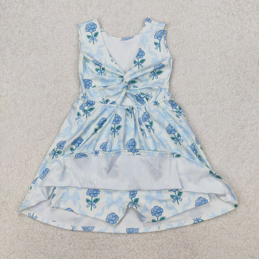GSD1944 Baby Girls Blue Flowers Bows Athletic Dress