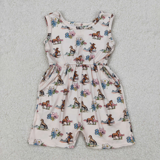 SR2695 Baby Girls Western Rodeo Horse Flowers Pockets Jumpsuit