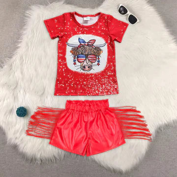 GT0114+SS0252 Baby Girls 4th of July Cow Tops Fringe Leather Shorts Outfit 5.5