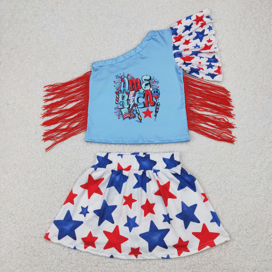 GT0942+GLK0055 Baby Girls 4th of July America Fringe Shirt Skorts Clothes Set