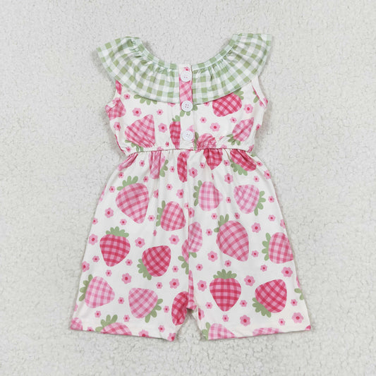 SR1565 Floral Strawberry Green Plaid Lace Sleeveless Jumpsuit