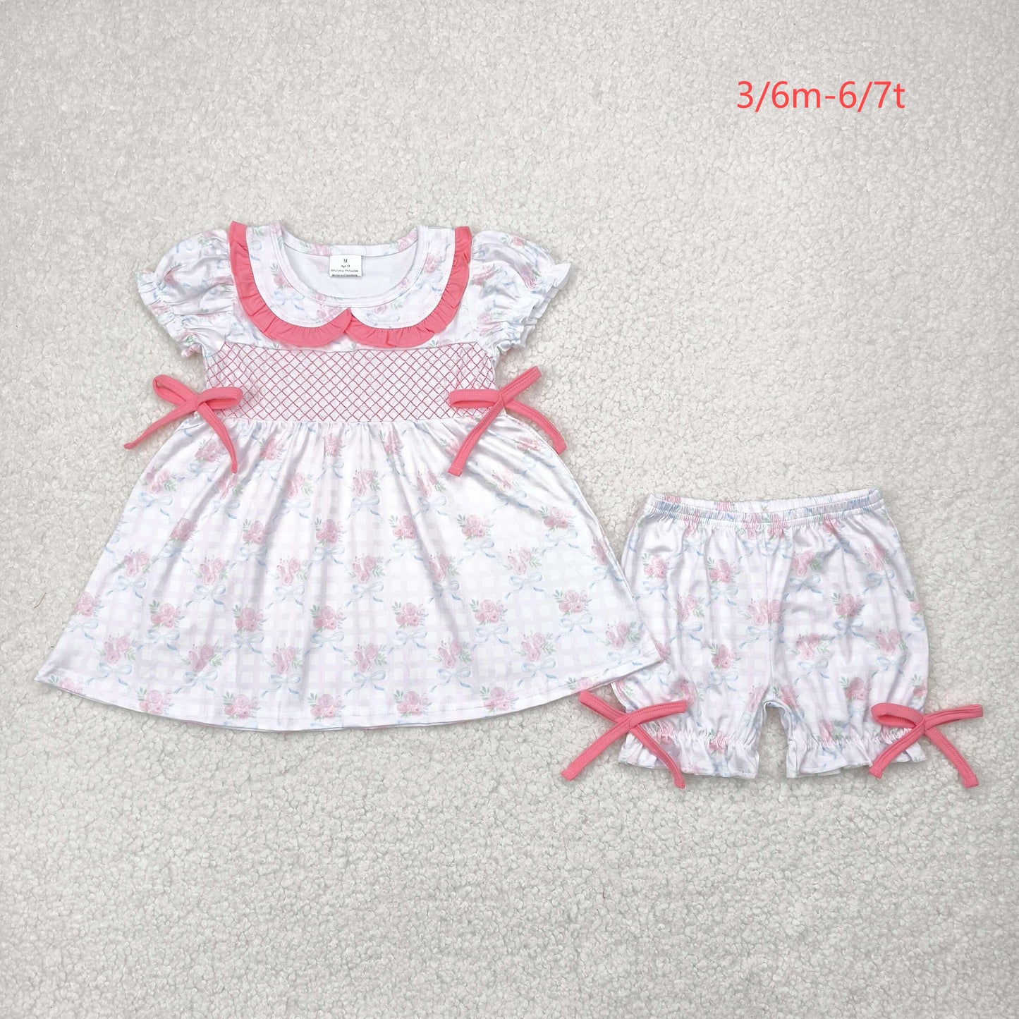 GSSO2368 Embroidered Baby Girls Pink Short Ruffle Sleeves Floral Bows Tunic Ruffle Short Clothes Set 5.5