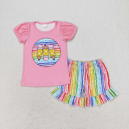 GSSO1366 Back to school Pencil Color Striped Pink Short Sleeve Shorts Set