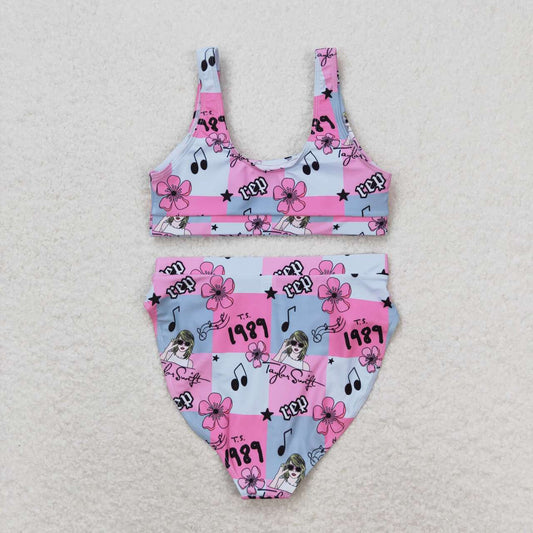 S0347 Adult Country Music Singer 1989 Floral plaid pink swimsuit set