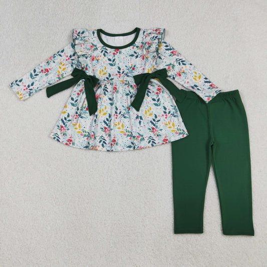 GLP2476 Baby Girls Long Sleeves Floral Bows Tunic Dark Green Legging Pant Set C10.8
