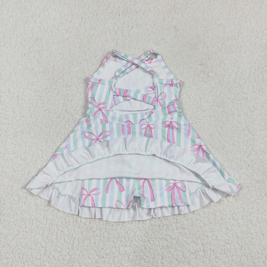 GSD2297 Baby Girls Strap Green Bow Stripe Pink Bows Yoga Ruffle Knee Length Dress 4.18