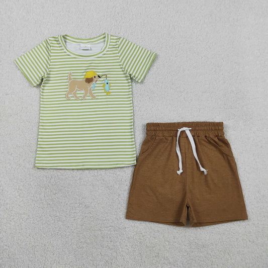 RTS Sibling Baby Boys Embroidery Dog Fishing Stripe Top Short Hunting Clothes Set Rompers