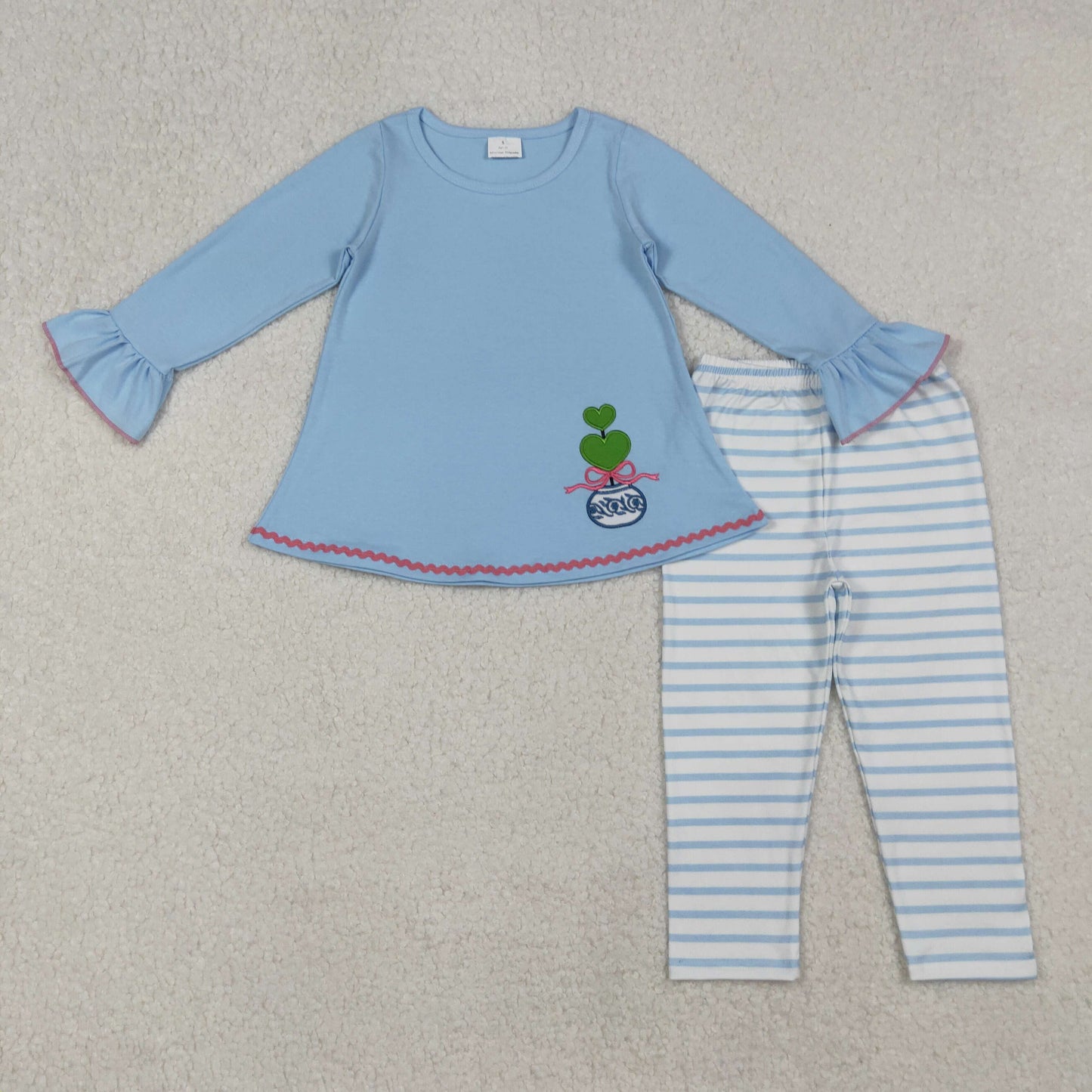 GLP2465 Embroidery Baby Girls Blue Long Bell Sleeves Bows Plant Tunic Stripe Legging Pant Set C9.23