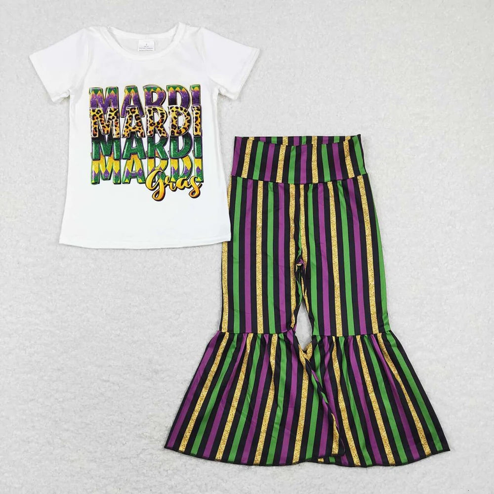 GT0442+P0405 Baby Girls Mardi Gras Shirt Stripes Bell Pants Clothes Set
