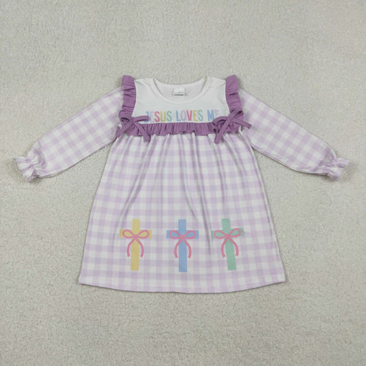 GLD1356 Baby Girls Lavender Checked Jesus Love Me Cross Knee Length Dress C10.25