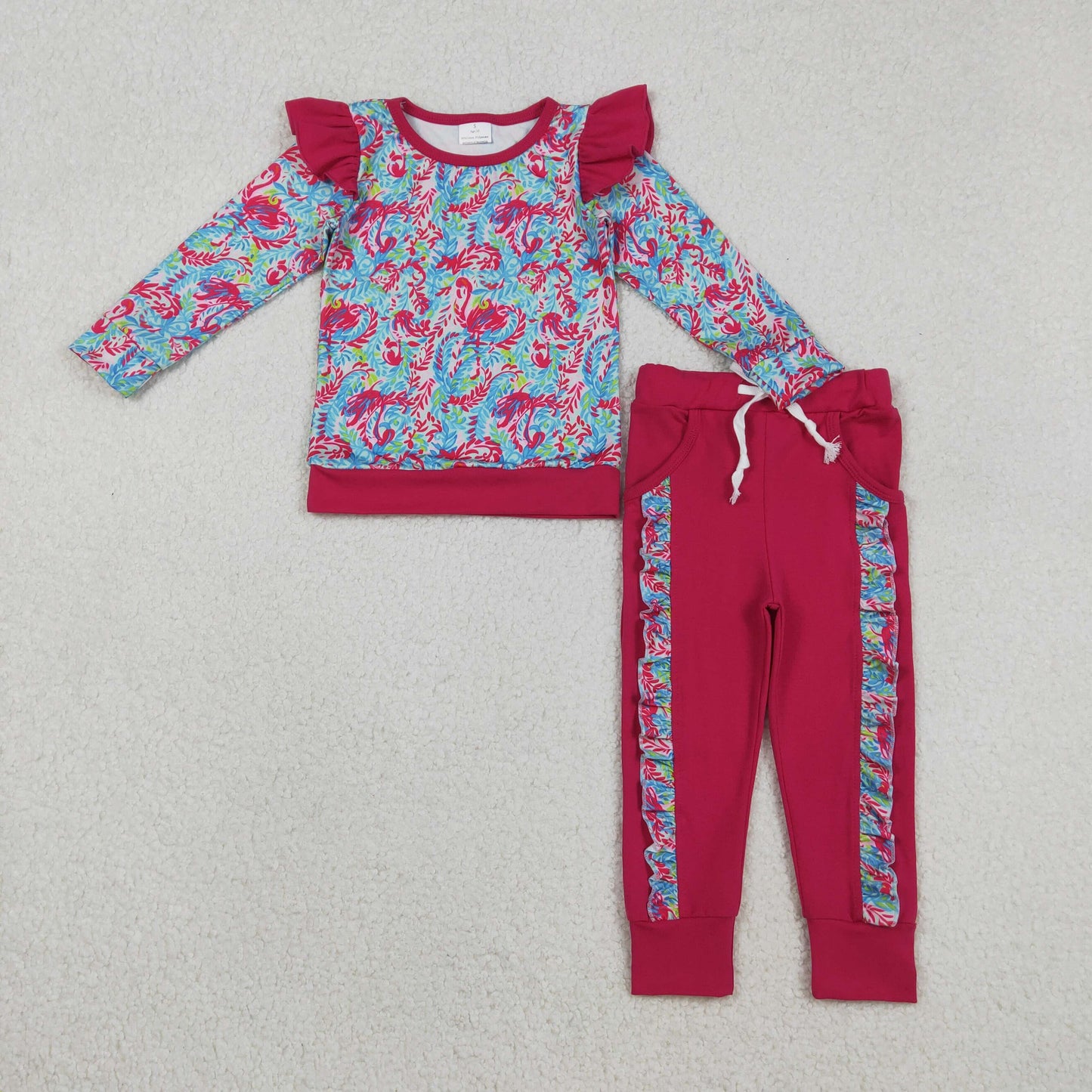 GLP2831 Baby Girls Pink Watercolor Floral Shirts Top Pockets Jogger Pants Clothes Set C11.26