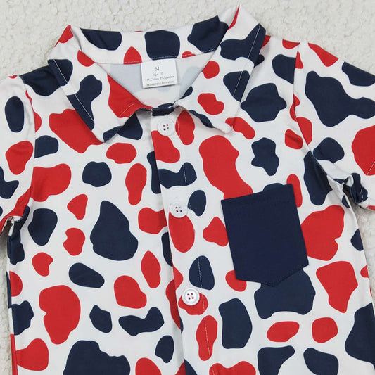 RTS BT1656 Baby Boys Red Blue Cow Print 4th of July Button Pocket Shirts Top