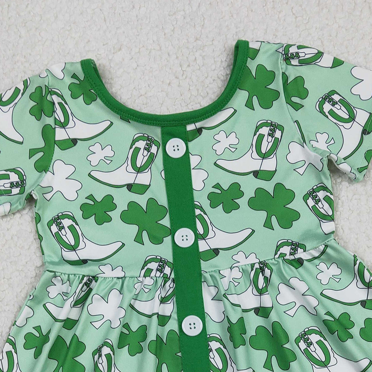 RTS GSD3404 Baby Girls Green Clovers Boots St Patrick Ruffle Knee Length Dresses