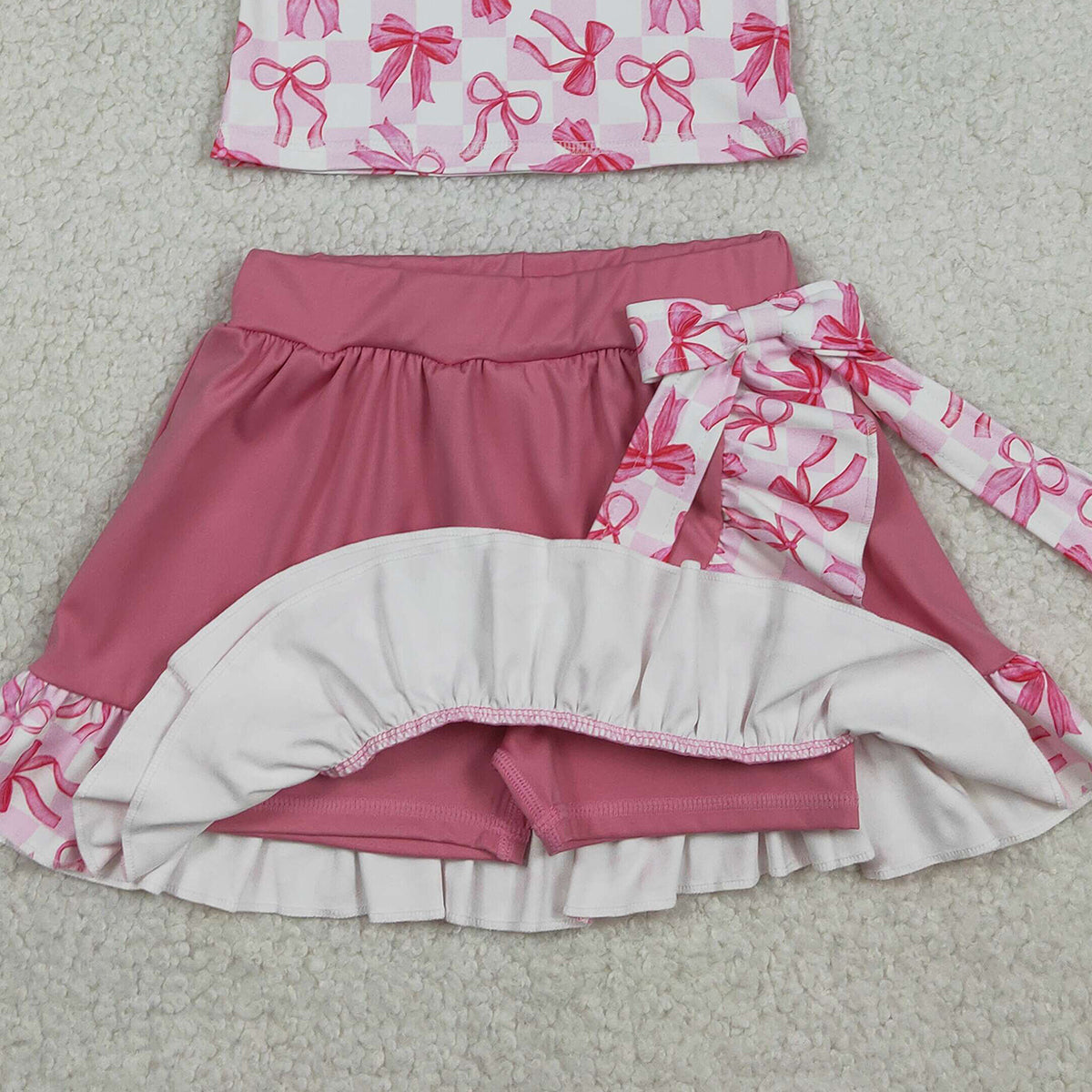 RTS GSD3480 Baby Girls Bows Checked Button Top Ruffle Skirt Shorts Yoga Active Clothes Sets