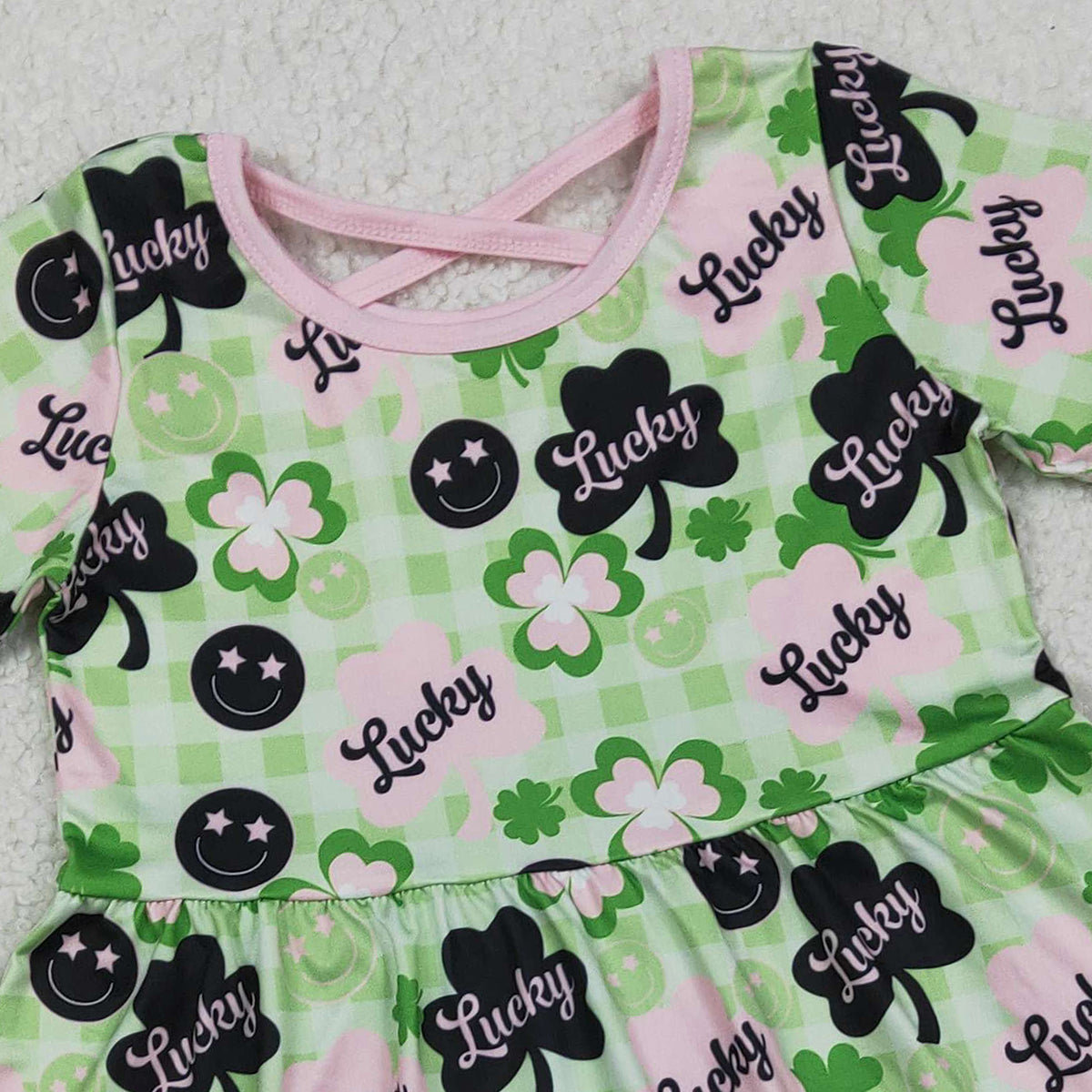 RTS GSD2840 Baby Girls Green Checked Clovers Lucky St Patrick Knee Length Dresses