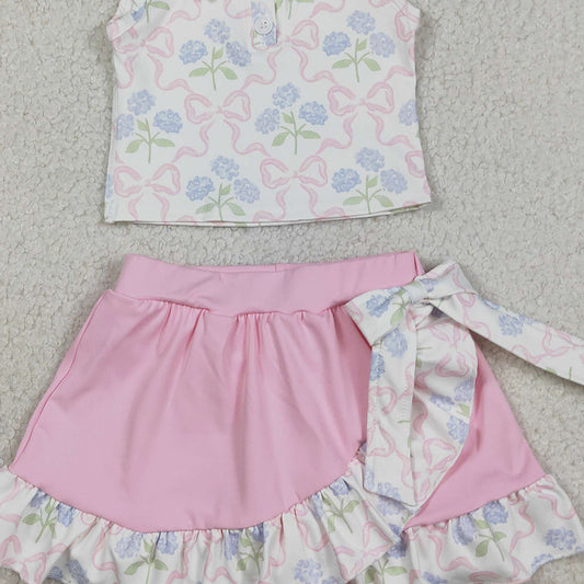 RTS GSD3478 Baby Girls Bows Flowers Button Vest Top Ruffle Skirt Shorts Yoga Active Clothes Sets