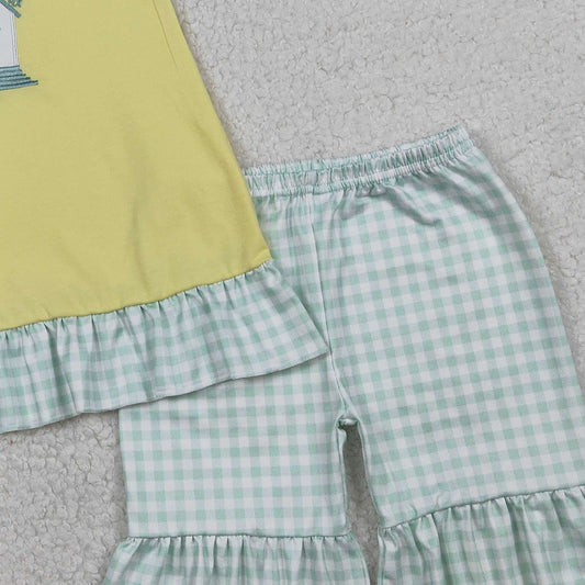 RTS GSSO2966 Embroidery Church Cross Baby Girls Tunic Checked Ruffle Shorts Clothes Sets