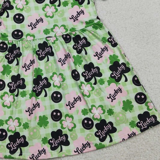 RTS GSD2840 Baby Girls Green Checked Clovers Lucky St Patrick Knee Length Dresses