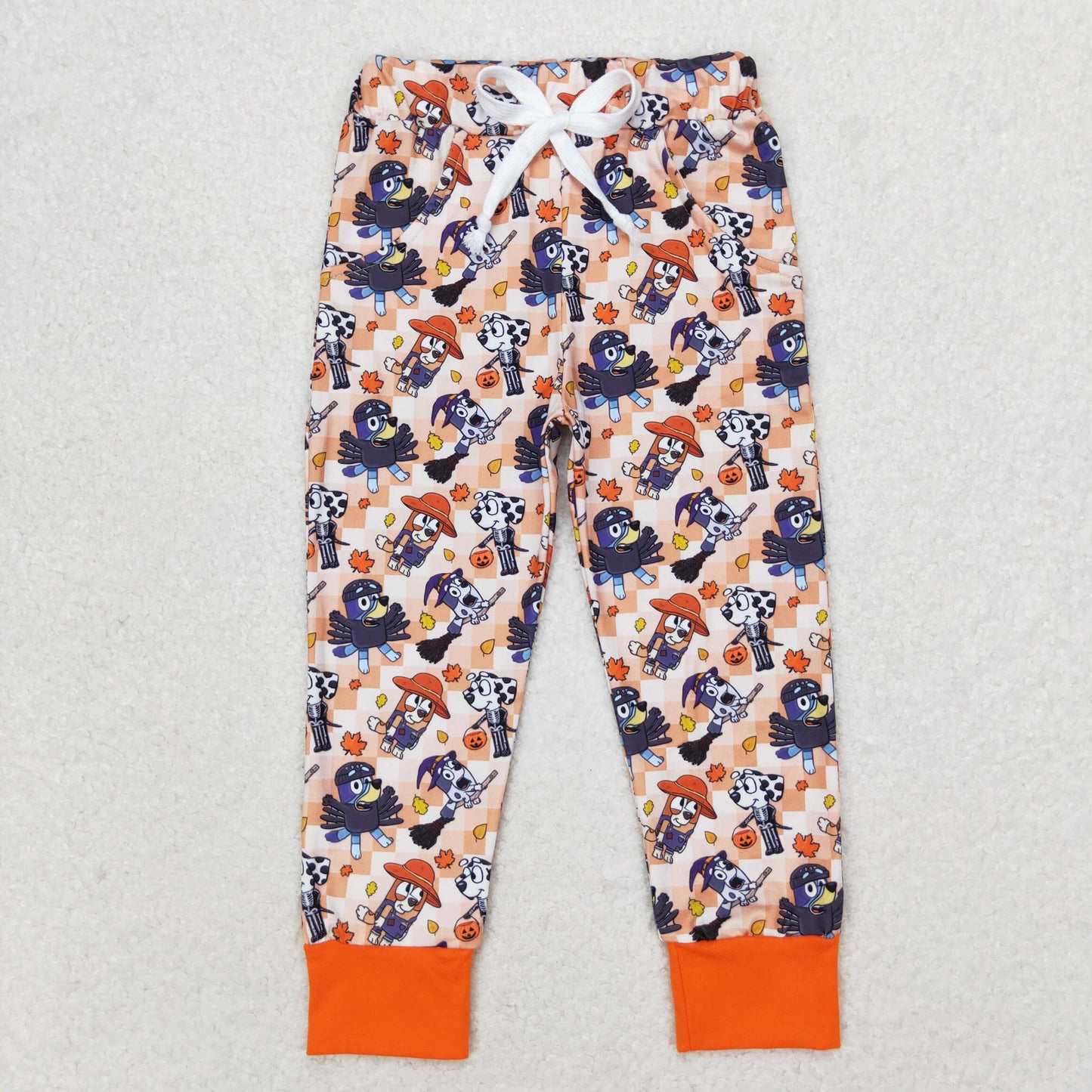 P0476 Boy Halloween cartoon dog leaves orange plaid pants