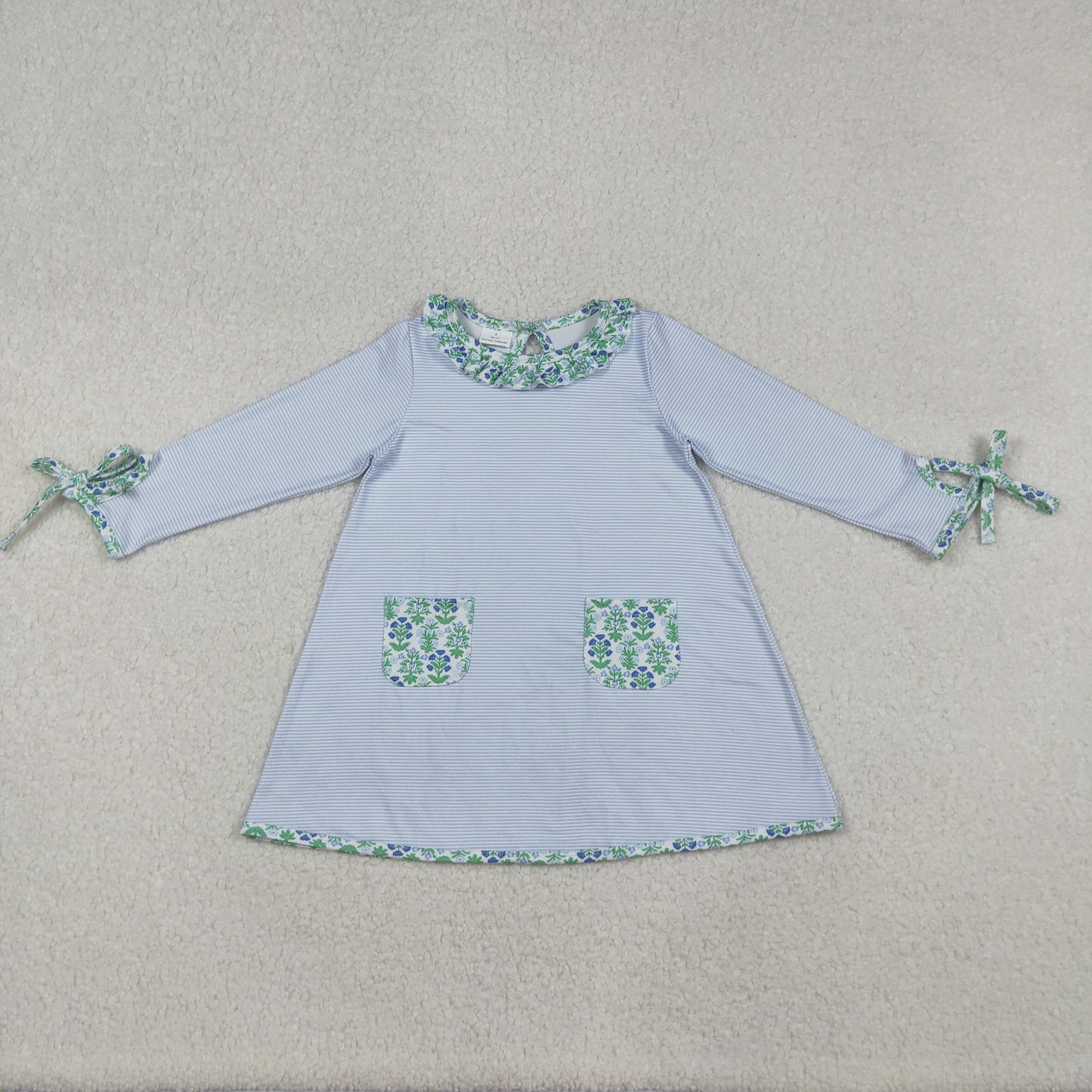 GLD0927 Baby Girls Stripes Green Flowers Pockets Knee Length Dress C9.23