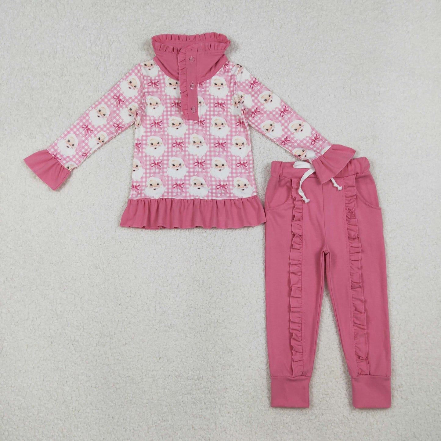 GLP2881 Baby Girls Pink Checked Santa Button Top Pockets Pants Christmas Clothes Set C10.16