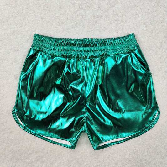 SS0410 Baby Girls Green Pocket Leather Elastic Bottom Shorts