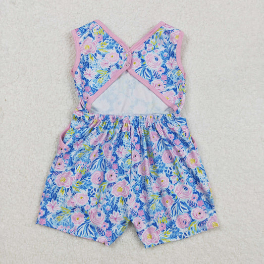 SR2521 Baby Girls Blue Pink Flowers Sleeveless Bows Shorts Jumpsuit
