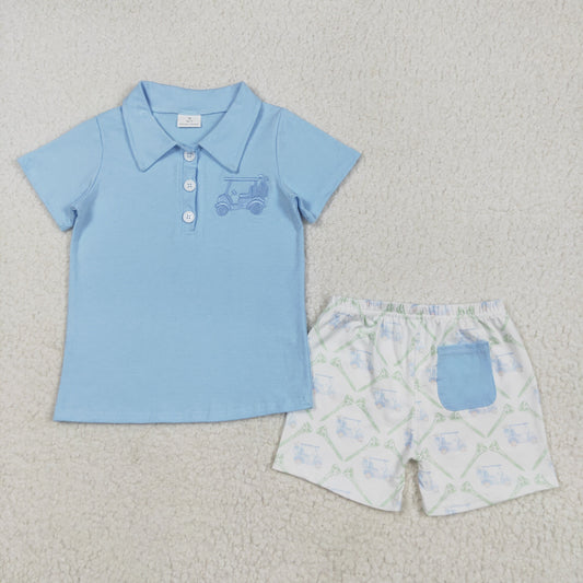 BSSO1494 Baby Boys Blue Short Sleeves Button Golf Top Pocket Short Set 5.8