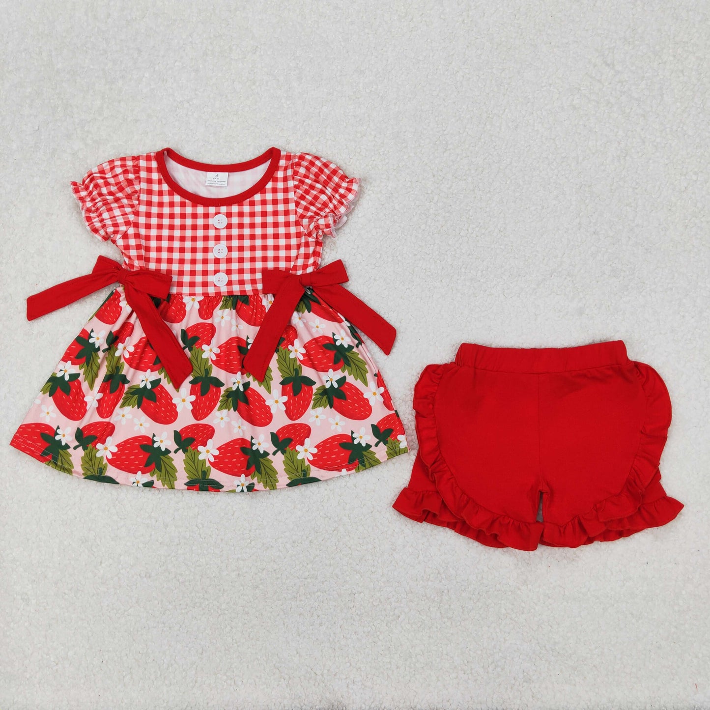 GSSO1648 Baby Girls Red Checkered Strawberry Bows Tunic Ruffle Shorts Clothes Set