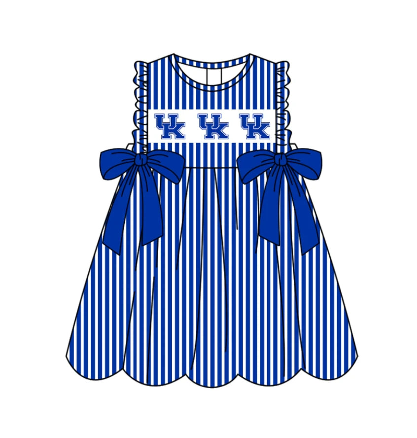 C11.28 Custom Moq 5 Baby Girls Sleeveless Hot Blue Stripe UK Bows Team Knee Length Dresses