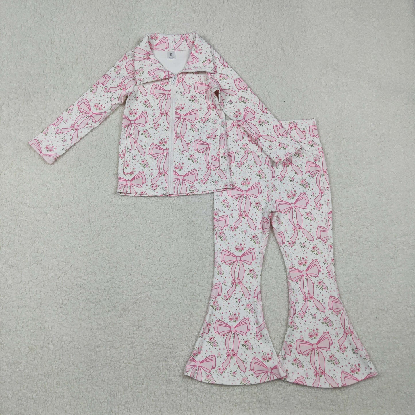 GT1082+P0773 Baby Girls Pink Floral Bows Pockets Zipper Top Bell Bottom Pant Yoga Set C10.27