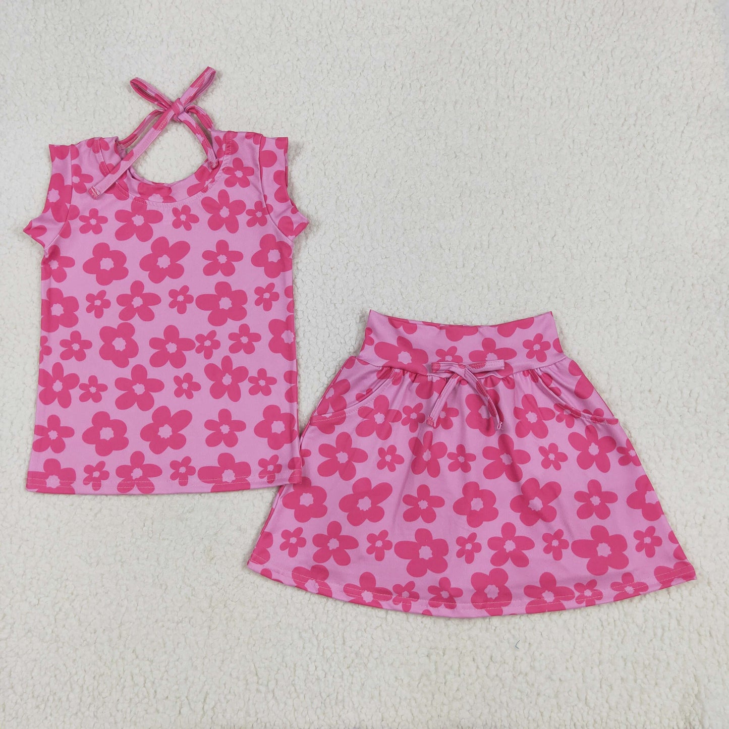 GSD2583 Baby Girls Sleeveless Hot Pink Flowers Top Pockets Short Skirts Set 6.10