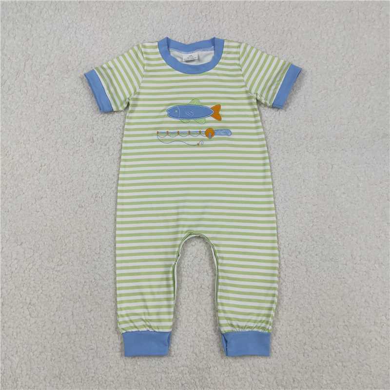 RTS SR3329 Baby Boys Romper Embroidery Fishing Baby Boys Stripe Hunting Footie Rompers
