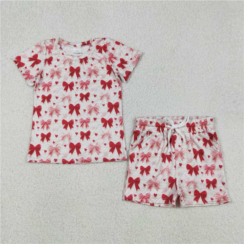 RTS GSSO2835 Valentine's Day Baby Girls Outfit Set with Hearts Bows Top And Shorts Adorable Clothes Set with Pockets for Little Ones