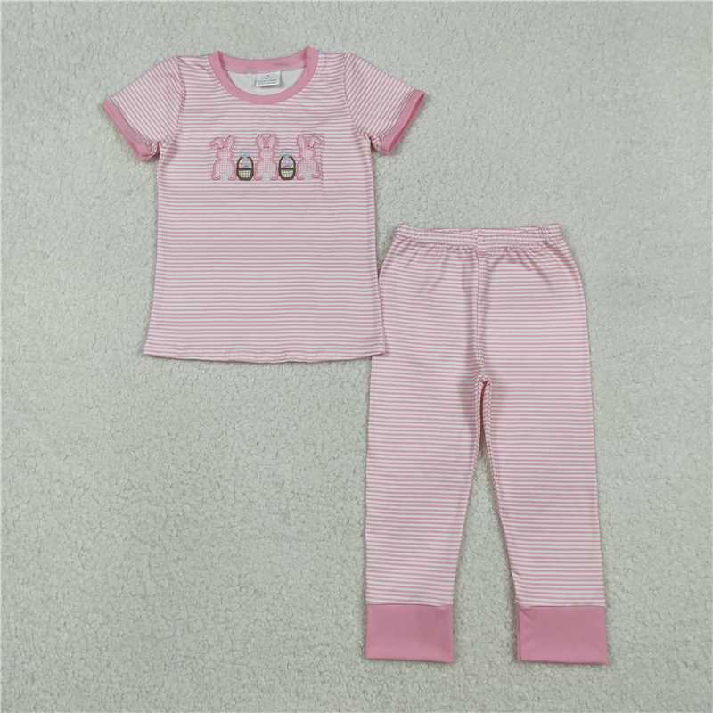 RTS GSPO2117Baby Girls Easter Pajamas Sets Pink Stripe Top with Embroidered Rabbits And Eggs Design Comfortable Pants for Little Ones
