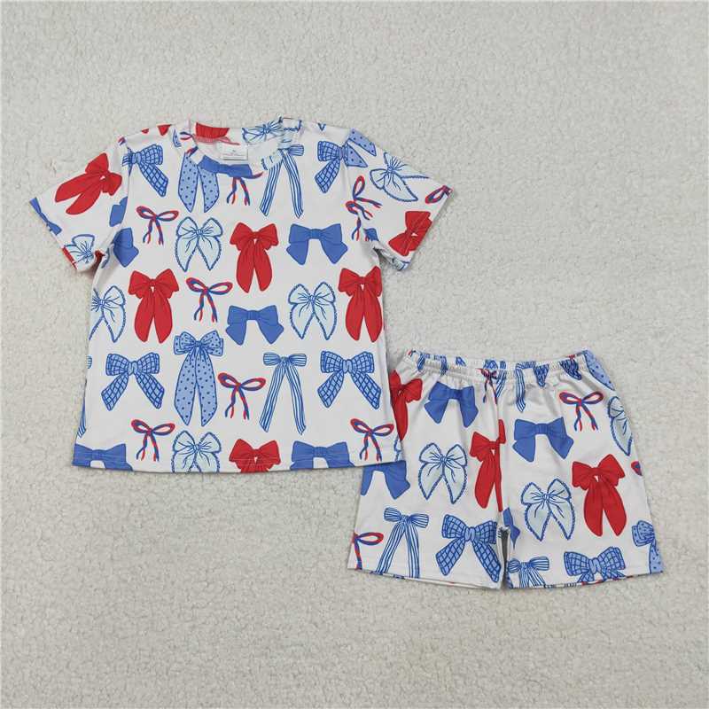 RTS GSSO2772 Baby Girls 4th of July Pajamas Set with Blue Red Bows Top And Shorts Patriotic Clothing for Babies