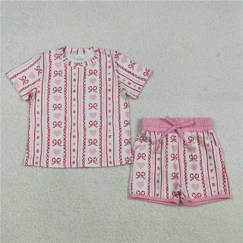RTS GSSO2738 Baby Girls Pink Bows Hearts Stripe Top with Pockets Shorts Valentine's Day Outfit Set Cute Baby Girl Clothing Set