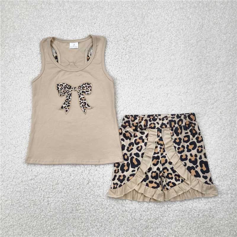 RTS GSSO1603 Embroidery Baby Girls Khaki Bow Vest Top with Leopard Ruffle Shorts