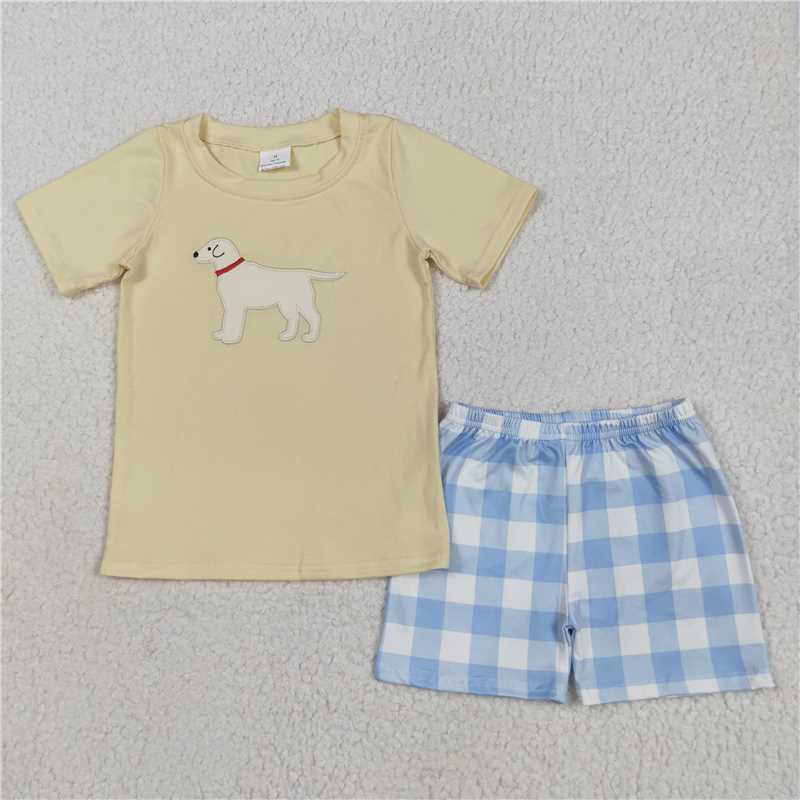 RTS BSSO1058 Baby Boys Summer Clothes Embroidery Baby Boys Yellow Dog Top Checkered Shorts Clothes Sets