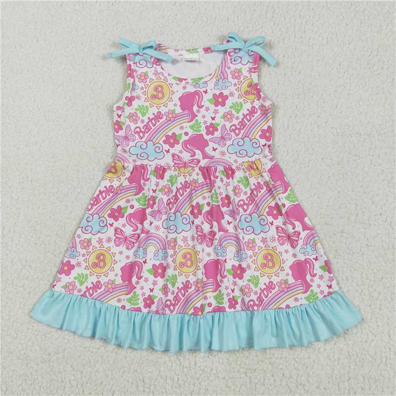 RTS GSD2463 Baby Girls Strap Knee Length Dresses Pink Flowers Cartoon Dolls Design Cute Children's Fashion Apparel