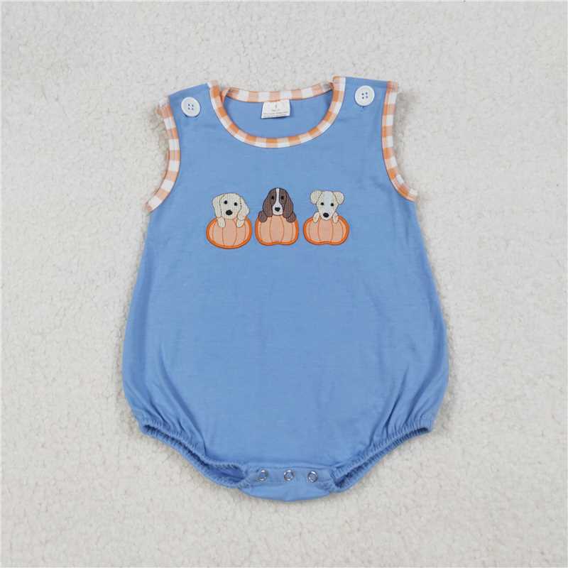 RTS SR3190 Baby Boys Romper Embroidery Dogs Pumpkins Baby Boys Blue Sleeveless Fall Rompers