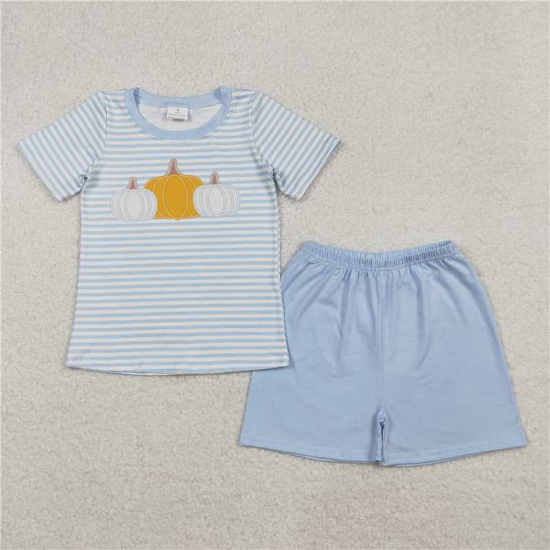 RTS BSSO1548 Baby Boys Blue Stripes Pumpkins Top Shorts Fall Clothes Set