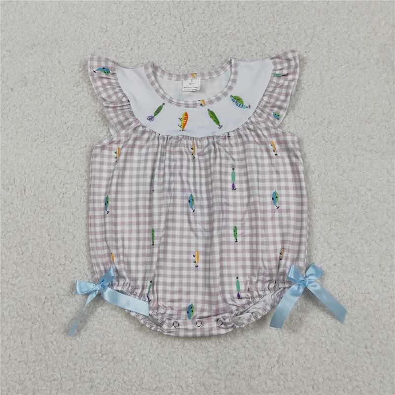 RTS SR3395 Baby Girls Embroidery Fishing Rompers with Flutter Sleeves Checked Hunting Design for Little Girls