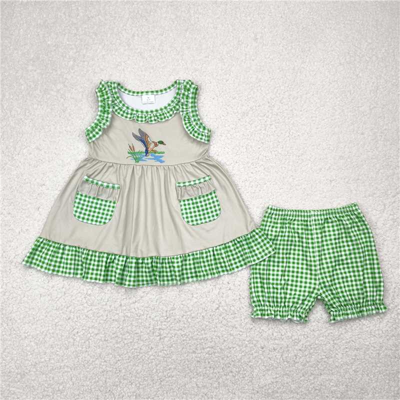 RTS GSSO0848 Baby Girls Checkered Tunic Top Shorts Set Duck Green Cute Baby Outfit for Girls