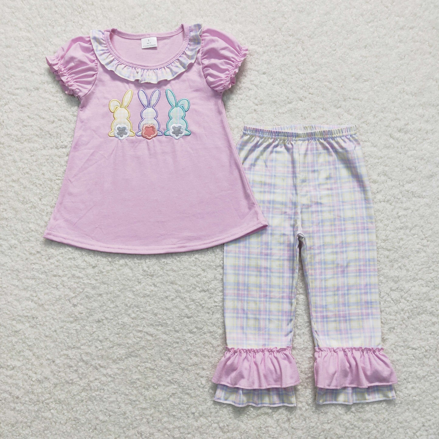 GSPO0977 Embroidery Three colored Rabbit Lace purple short sleeve colored plaid pantsuit