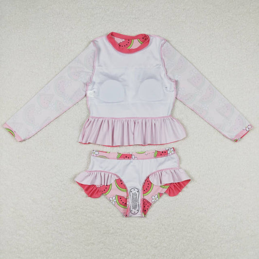 S0264 Floral watermelon pink lace long-sleeved bathing suit