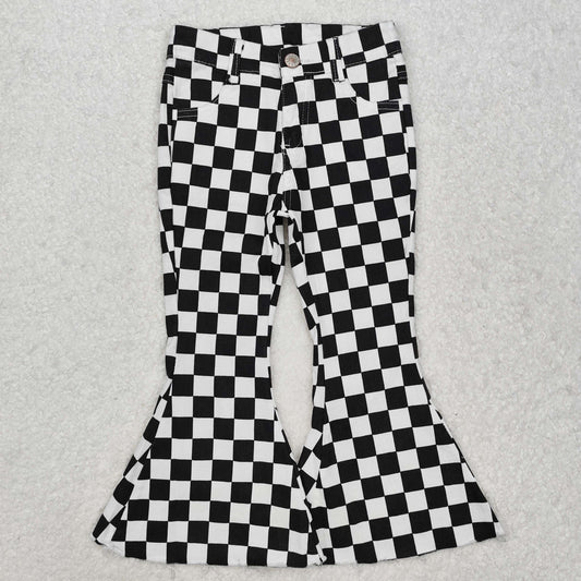 P0349 Baby Girls Black Checkered Bell Flare Denim Pants Jeans